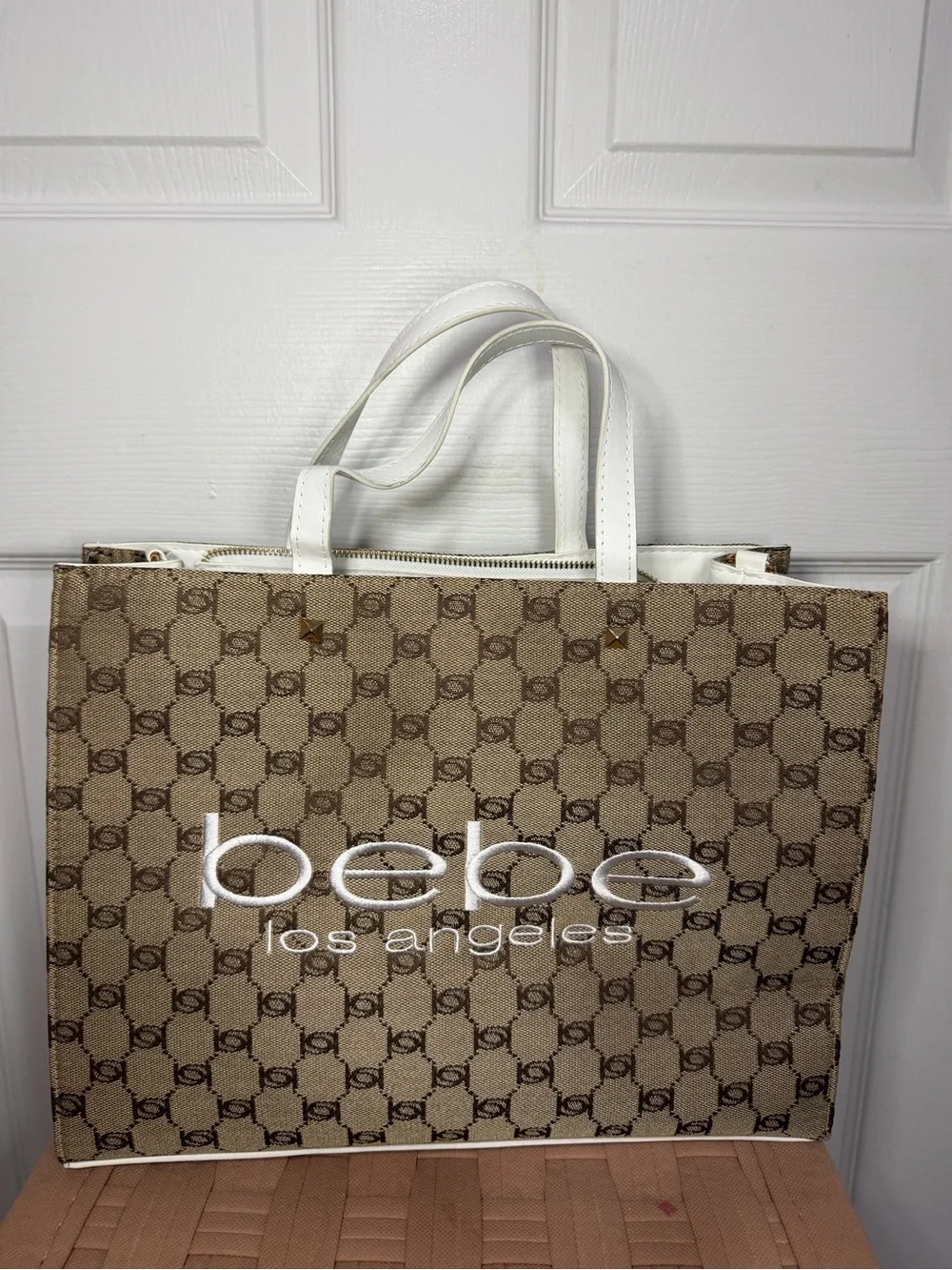 bebe Beige Logo Tote with White Handles